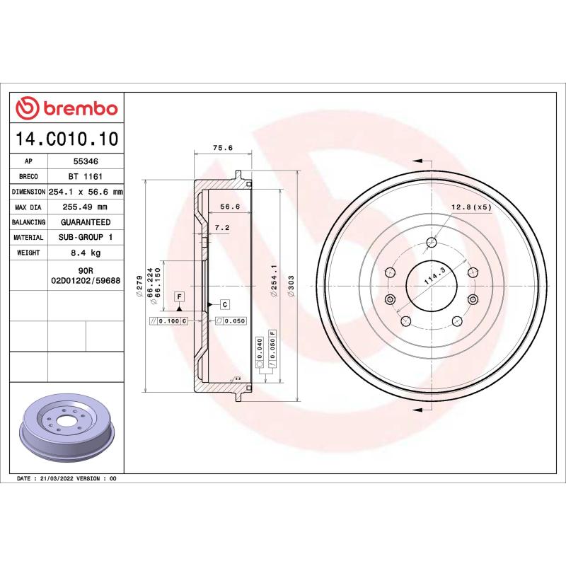 Tambour de frein BREMBO 14.C010.10 - Visuel 1