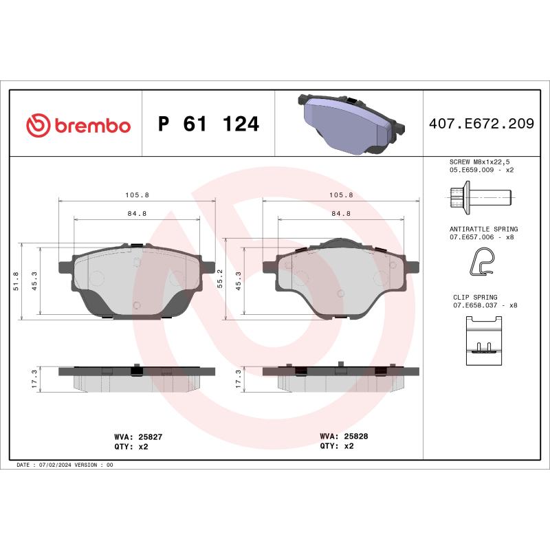 Jeu de 4 plaquettes de frein arrière BREMBO P 61 124 - Visuel 1