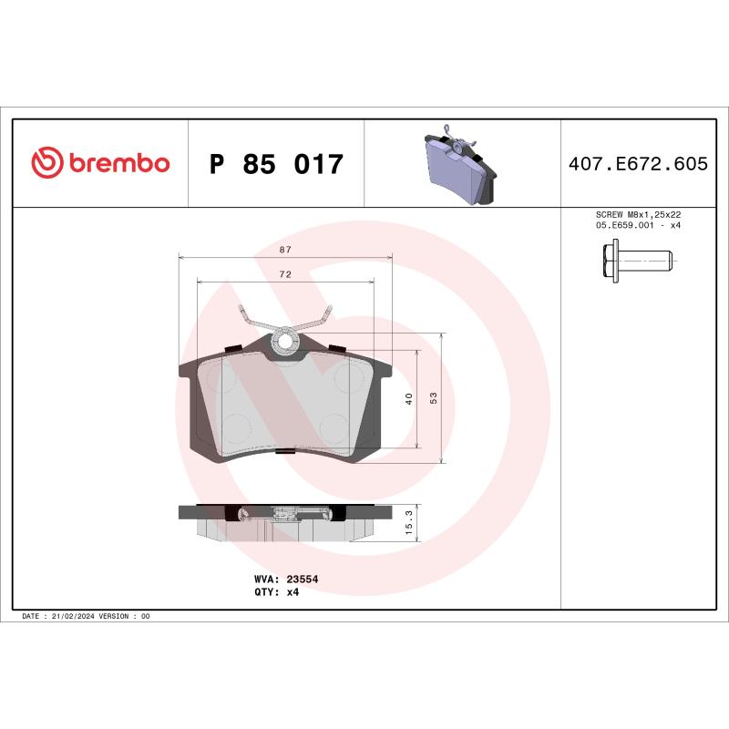Jeu de 4 plaquettes de frein arrière BREMBO P 85 017 - Visuel 1
