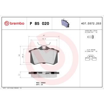 Jeu de 4 plaquettes de frein arrière BREMBO P 85 020