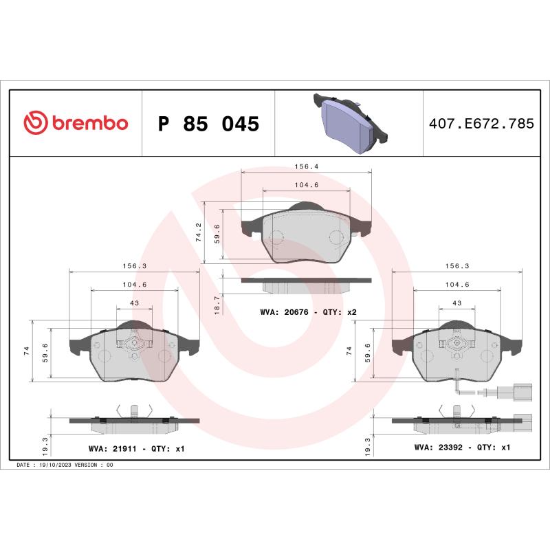 Jeu de 4 plaquettes de frein avant BREMBO P 85 045 - Visuel 1