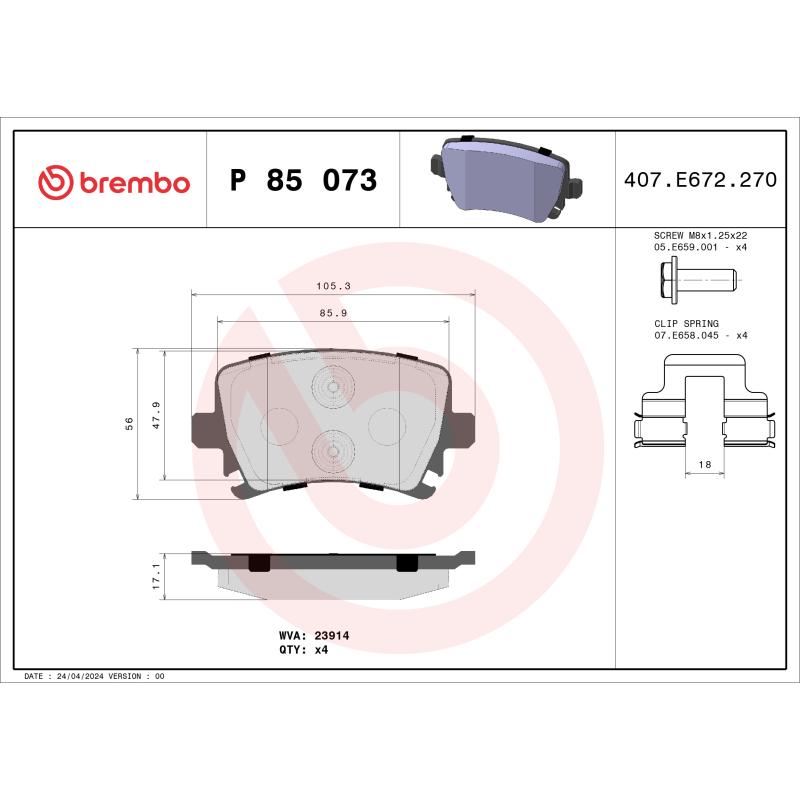 Jeu de 4 plaquettes de frein arrière BREMBO P 85 073 - Visuel 1