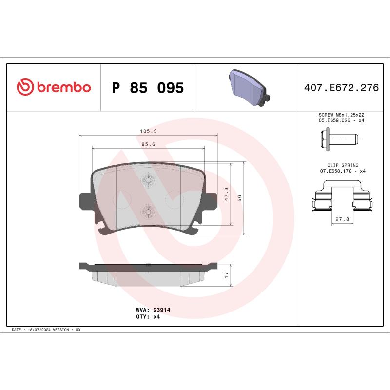 Jeu de 4 plaquettes de frein arrière BREMBO P 85 095 - Visuel 1