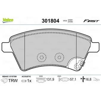 Jeu de 4 plaquettes de frein avant VALEO 301804