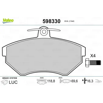 Jeu de 4 plaquettes de frein avant VALEO 598330