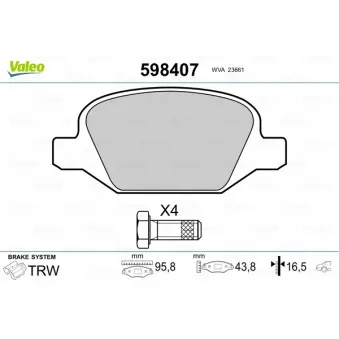 Jeu de 4 plaquettes de frein arrière VALEO 598407