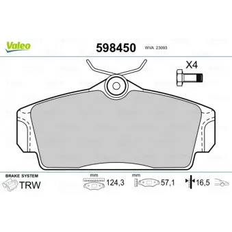 Jeu de 4 plaquettes de frein avant VALEO 598450