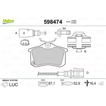 Jeu de 4 plaquettes de frein arrière VALEO 598474