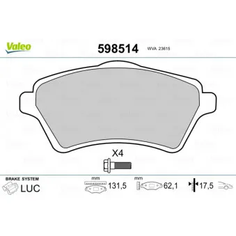 Jeu de 4 plaquettes de frein avant VALEO 598514