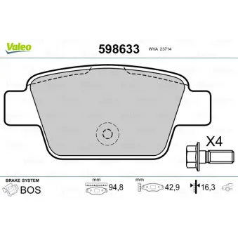 Jeu de 4 plaquettes de frein arrière VALEO 598633