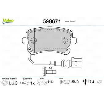 Jeu de 4 plaquettes de frein arrière VALEO 598671