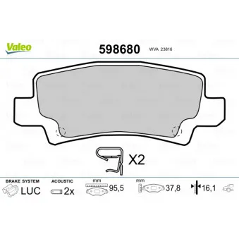 Jeu de 4 plaquettes de frein arrière VALEO 598680