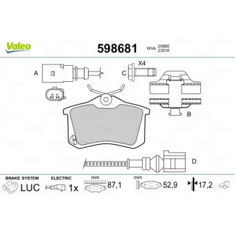 Jeu de 4 plaquettes de frein arrière VALEO 598681