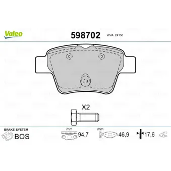 Jeu de 4 plaquettes de frein arrière VALEO 598702