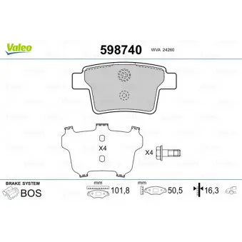 Jeu de 4 plaquettes de frein arrière VALEO 598740