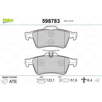 Jeu de 4 plaquettes de frein arrière VALEO 598783
