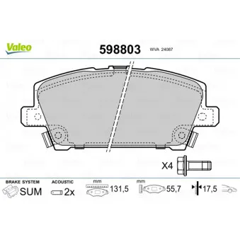 Jeu de 4 plaquettes de frein avant VALEO 598803