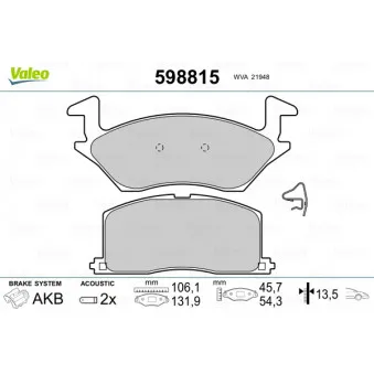 Jeu de 4 plaquettes de frein avant VALEO 598815