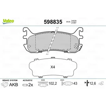 Jeu de 4 plaquettes de frein arrière VALEO 598835