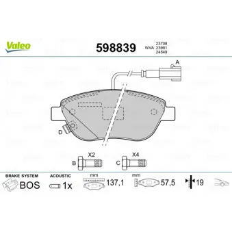 Jeu de 4 plaquettes de frein avant VALEO 598839