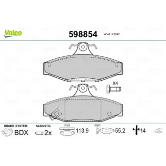 Jeu de 4 plaquettes de frein arrière VALEO 598854