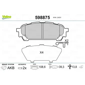 Jeu de 4 plaquettes de frein arrière VALEO 598875