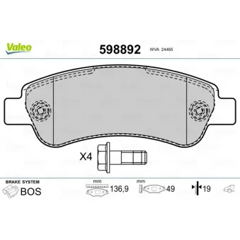 Jeu de 4 plaquettes de frein arrière VALEO 598892