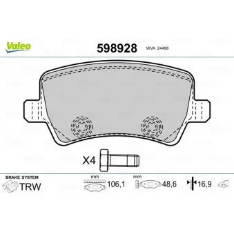 Jeu de 4 plaquettes de frein arrière VALEO 598928