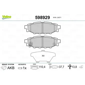 Jeu de 4 plaquettes de frein arrière VALEO 598929