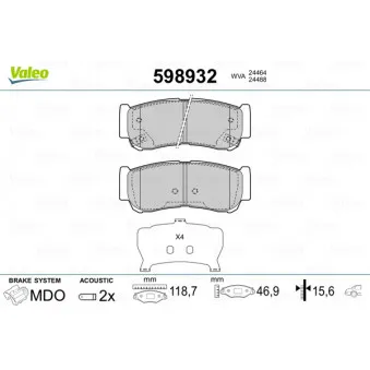 Jeu de 4 plaquettes de frein arrière VALEO 598932