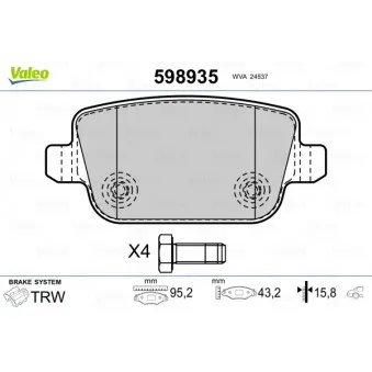 Jeu de 4 plaquettes de frein arrière VALEO 598935