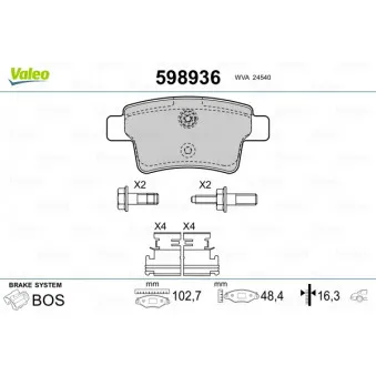 Jeu de 4 plaquettes de frein arrière VALEO 598936