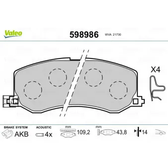 Jeu de 4 plaquettes de frein avant VALEO 598986