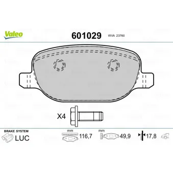 Jeu de 4 plaquettes de frein arrière VALEO 601029