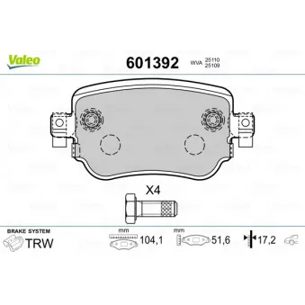 Jeu de 4 plaquettes de frein arrière VALEO 601392