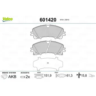 Jeu de 4 plaquettes de frein avant VALEO 601420