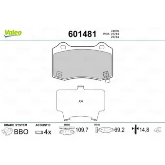 Jeu de 4 plaquettes de frein arrière VALEO 601481