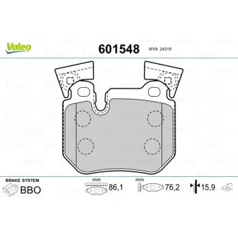 Jeu de 4 plaquettes de frein arrière VALEO 601548