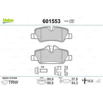 Jeu de 4 plaquettes de frein arrière VALEO 601553