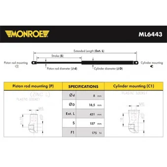Vérin, capot-moteur MONROE