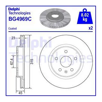 Jeu de 2 disques de frein arrière DELPHI BG4969C