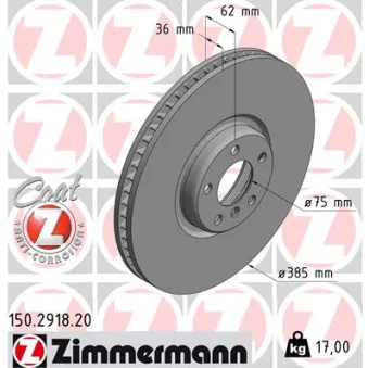 Disque de frein avant droit ZIMMERMANN 150.2918.20