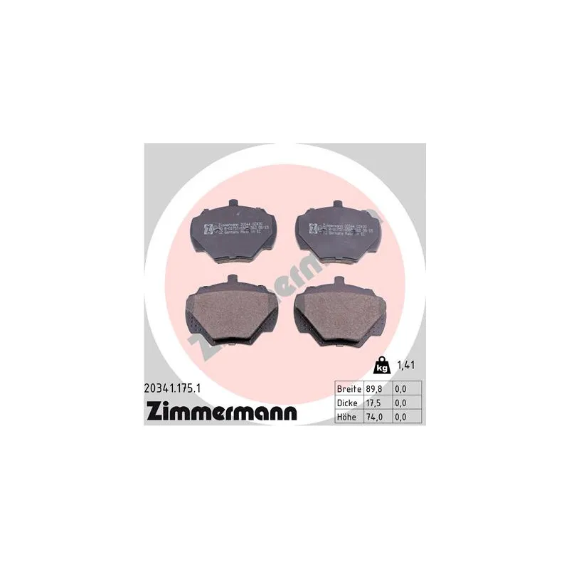 Jeu de 4 plaquettes de frein avant ZIMMERMANN 20341.175.1