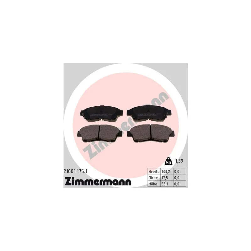 Jeu de 4 plaquettes de frein avant ZIMMERMANN 21601.175.1
