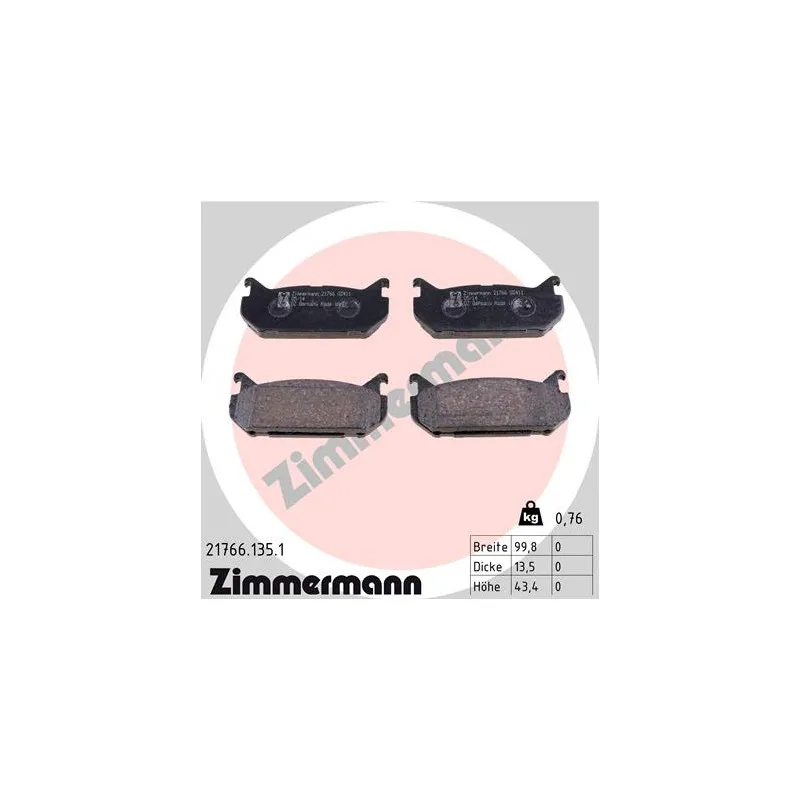 Jeu de 4 plaquettes de frein arrière ZIMMERMANN 21766.135.1