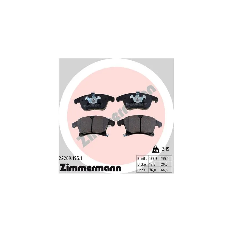 Jeu de 4 plaquettes de frein avant ZIMMERMANN 22269.195.1