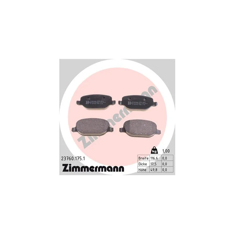 Jeu de 4 plaquettes de frein arrière ZIMMERMANN 23760.175.1