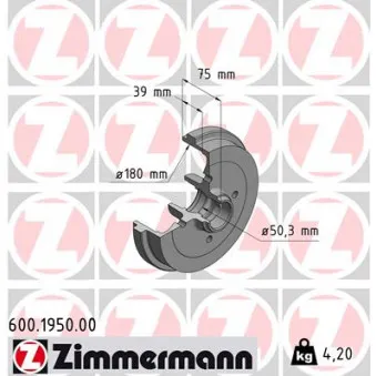 Tambour de frein ZIMMERMANN 600.1950.00