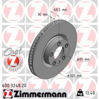 Disque de frein avant droit ZIMMERMANN 600.3248.20