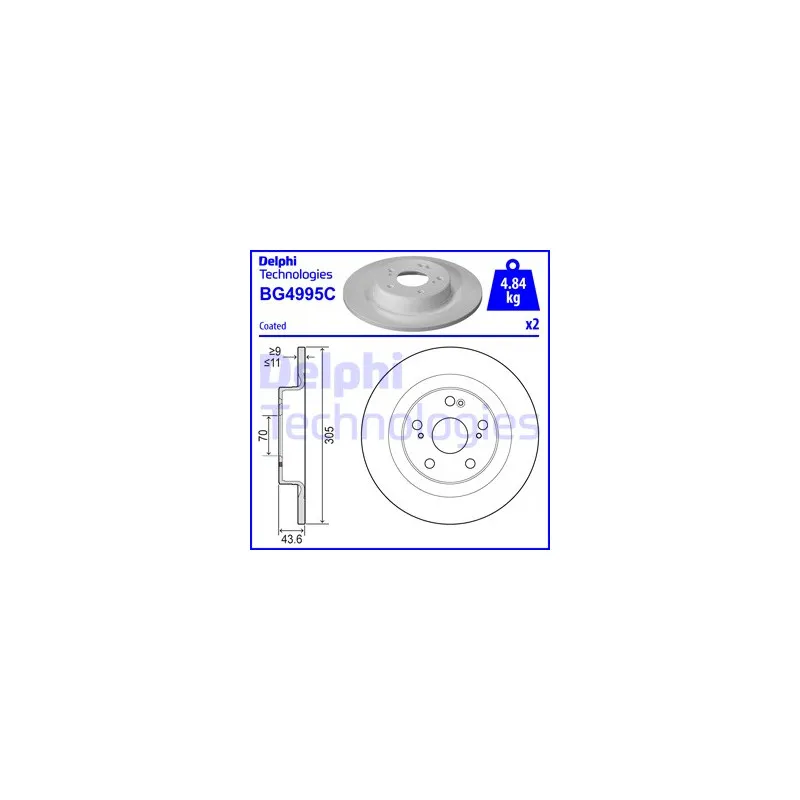 Jeu de 2 disques de frein arrière DELPHI BG4995C